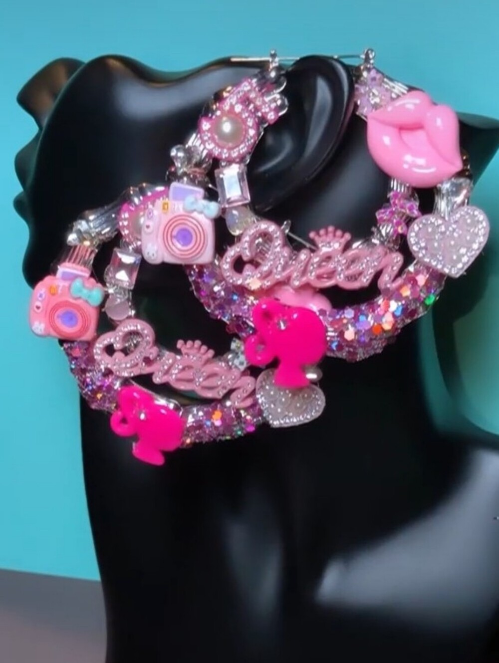 Hand Crafted Pink Charm Hoop Earrings with Sparkle Accents